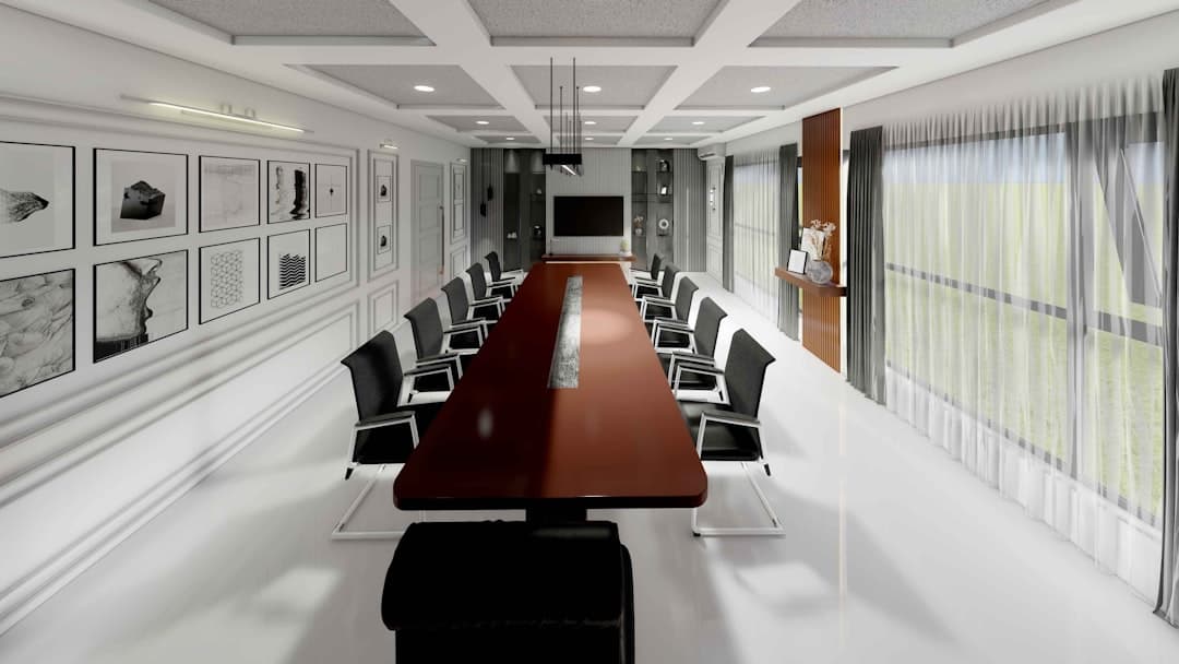 Conference room setup with projector screen and PA system at a Portland venue