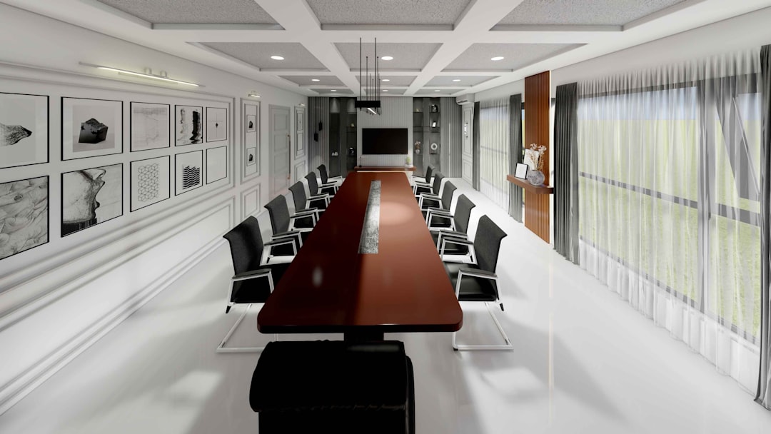 Conference room setup with projector screen and PA system at a Portland venue